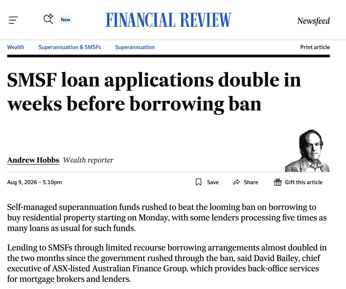 samstrades's tweet photo. 'SMSF loan applications double in weeks before borrowing ban' 

'Self-managed superannuation funds rushed to beat the looming ban on borrowing to buy residential property starting on Monday, with some lenders processing five times as many loans as usual for such funds' #ausbiz #housing 
https://t.co/IlSocnrakm