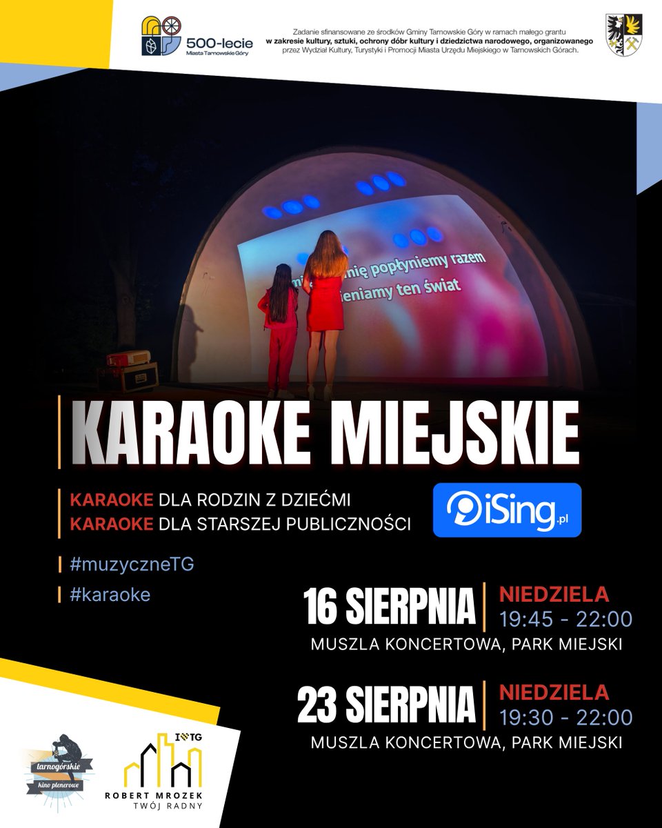 robertmrozek's tweet photo. 🎤 Karaoke Miejskie odbędzie się 16 i 30 sierpnia w dwóch odsłonach. 👶 Na początku scenę oddajemy najmłodszym. 🤝 Naszym partnerem jest iSing! https://t.co/D1IGBcadgJ