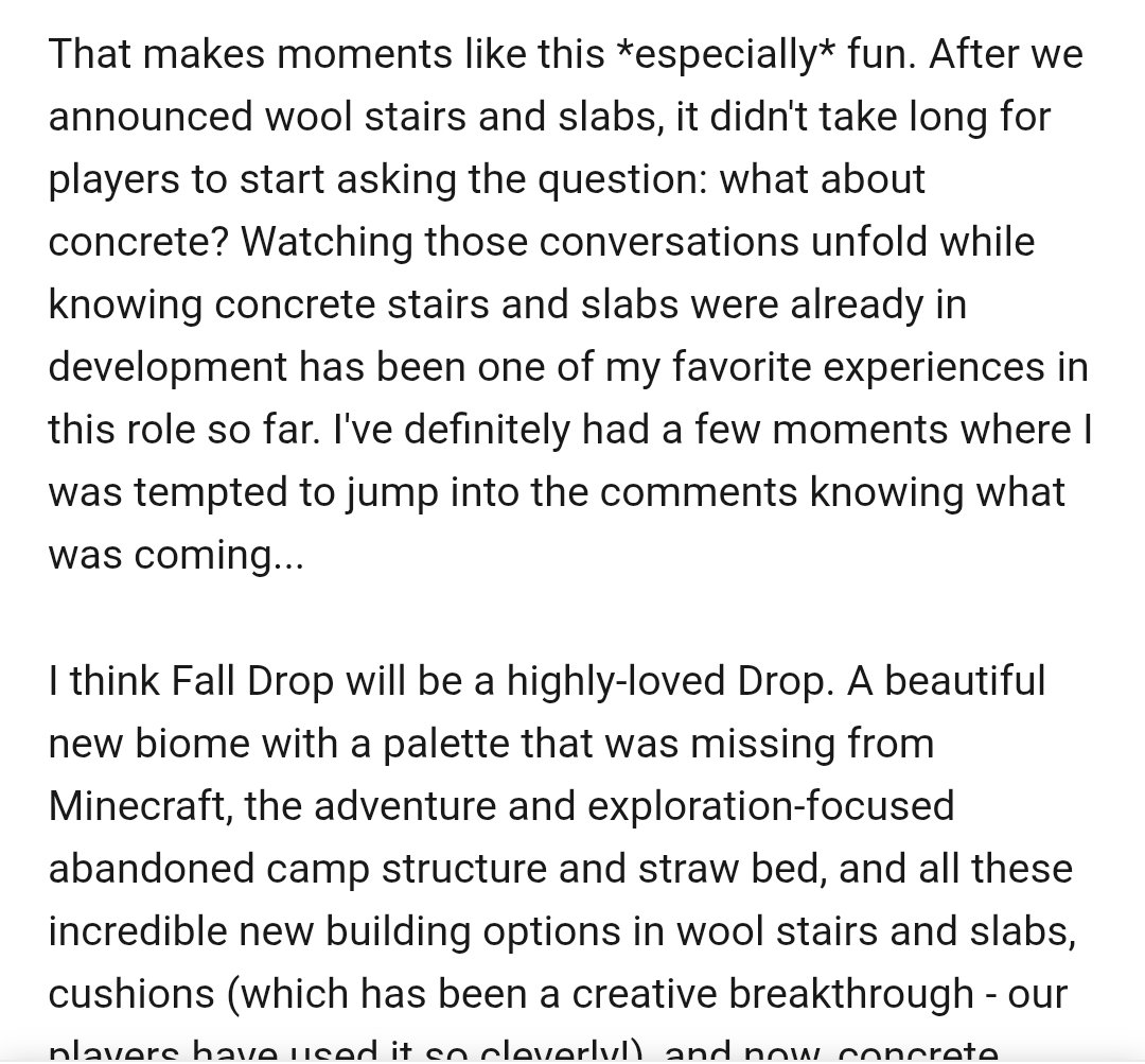 ibxtoycat's tweet photo. A statement from Minecraft's head of vanilla said that concrete stairs were in development for over a month. 

I would love someone familiar with the matter to explain how concrete stairs and slabs could take weeks to add? They don't have a new texture, even https://t.co/SMBrSV10NE