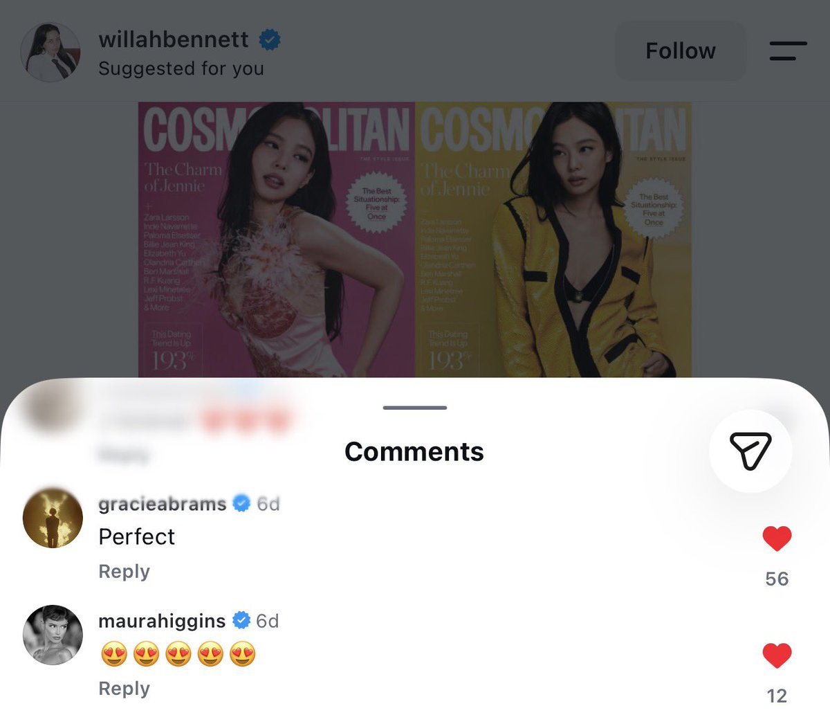 jetaimejendeuk's tweet photo. The IG post of @Cosmopolitan's editor-in-chief appeared on my feed, and saw Gracie and Maura's comments on the Jennie cover 🥰 https://t.co/SCWHSBJhKH