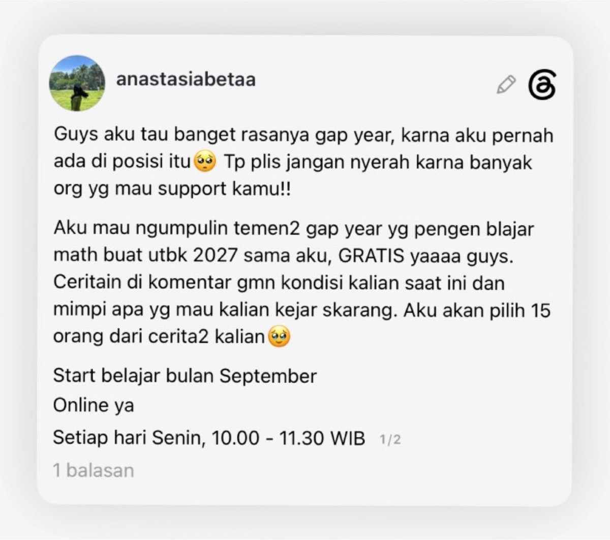mag2z's tweet photo. hilu teman-timun GAP YEAR! :3 

jadi di sini tutor aku, kak tasia, open FREE ONLINE MATH TUTORING. setiap hari senin (jam 10.00 - 11.30 wib), tapi kalau misal kalian gak bisa hari itu atau di jam itu, nanti masih bisa diskusi lagi kok untuk waktu tutornyaa. dm me for more okay <3 https://t.co/QPT1CZzxKT