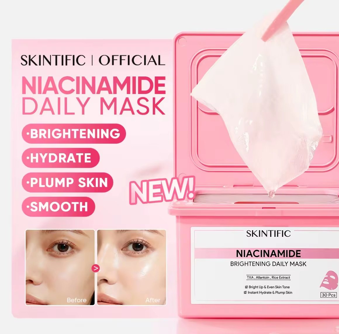 Afriani043's tweet photo. Aku nemu promo menarik di Lazada nih. 

 [New Launch]SKINTIFlC -NIACINAMIDE BRIGHTENING DAILY MASK 30sheets|Hydrate Glow sheet masker wajah komedo &amp; pori sleeping mask masker mencerahkan wajah kusam.
Harga Produk:  Rp299.000
Harga Diskon:  Rp135.000 | https://t.co/TlixteQbN2 https://t.co/tCoHYcbjve