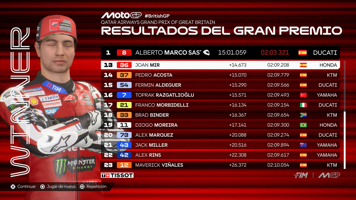 alberto_marco8's tweet photo. VICTORIA con REMONTADA en la #Carrera de #MotoGP 🏁 @MotoGP @fim_live #FIM en #BritishGP 🇬🇧 #GranBretañaDAZN en #MotoGP26 @MilestoneItaly @DAZN_ES #Ducati #DucatiLenovo #ForzaDucati @ducaticorse #MotoGP2026 #AlbertoMarco #AlbertoMarco8 #AM8 #AM8Live #PS5Share #PS5Pro VVAAMMOOSS!! https://t.co/wmGDMJtRMb