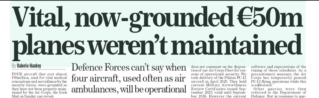 ConorHogarty's tweet photo. @IrishAirCorps PC 12 aircraft grounded, according to reports in todays Mail on Sunday. 
Given that this aircraft is used for surveillance purposes and we are currently hosting events in relation to the EU presidency, it is not a welcome development. https://t.co/4tfXHaNagk