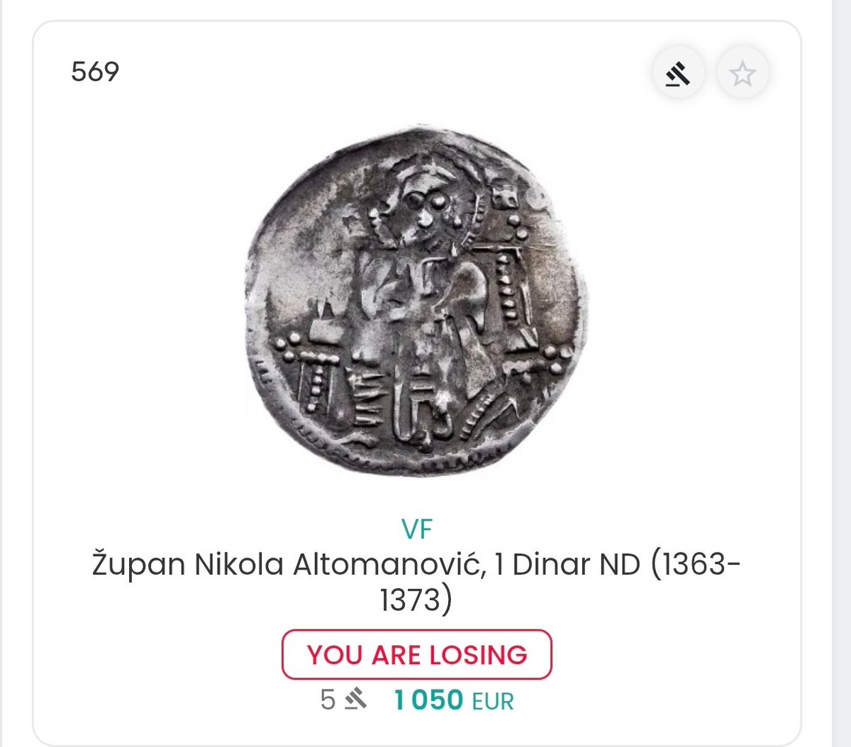 NebojsaStajcic's tweet photo. Aukcija je sutra, a on je već sada dostigao dobru cenu.
Ide to sutra lako preko 1500.
Poslednji put se novčić Nikole Altomanovića pojavio na aukciji pre 4 godine i jako je redak.

P.s. ovo je neto cena, na postignutu dodate još bar 25%, u zavisnosti odakle je kupac
#numismatics https://t.co/aQxcUJt4q3