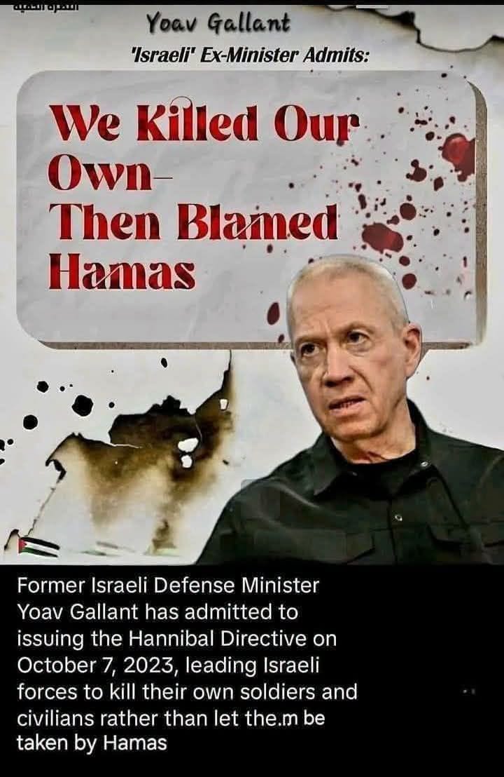 ayellou54's tweet photo. "We killed our own people then blamed Hamas"

Former "Israeli" Defense Minister, Yoav Gallant.

Principles.NOT.Parties

https://t.co/N9hl5Yp4nS https://t.co/XsWcI8mADt