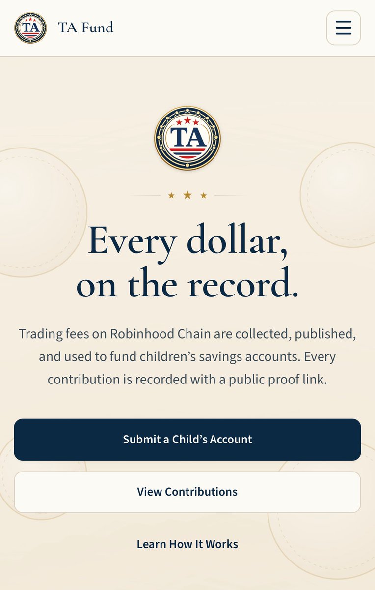 TA_fund's tweet photo. We love this initiative planned for the next generation of children. 

Our community is also supporting this initiative by donating our trading fees towards children’s futures directly into children’s Trump Accounts. 

To date we have donated over $50,000 and have a further $71,000 to donate and counting! 

#RealWorldAction