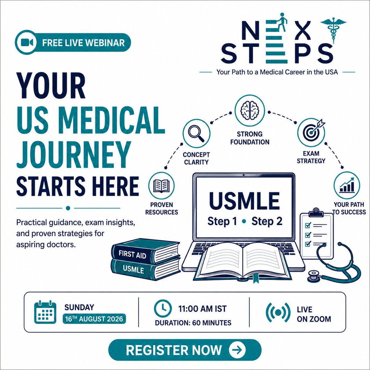 NextStepsUSMLE's tweet photo. 🩺 Everything about the USMLE — Explained LIVE!
FREE webinar with NEXT STEPS — your roadmap to a US medical career 🚀
📅 Sun, 16 th Aug · 11 AM IST · Online
👉 Register: https://t.co/rNQBPVM72M
#USMLE #MBBS #IMG #FutureDoctor https://t.co/mxHkRTt0j1