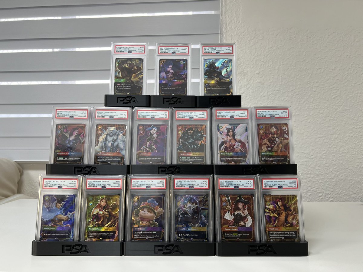 0xlcw's tweet photo. My Release Event Promo cards are finally back!

And just as I hoped — all 15 came back as sequentially numbered PSA 10s. 🔥

These came from the very first Promo Kit that Riot sent out to LGS stores. I’m not sure exactly how many kits were distributed back then, but I don’t think there were too many.

I’ve also kept one complete kit sealed and untouched.

This is definitely going to be one of my favorite pieces in my Riftbound collection.

LFG, Riftbounders! 🔥

#riftbound #tcg