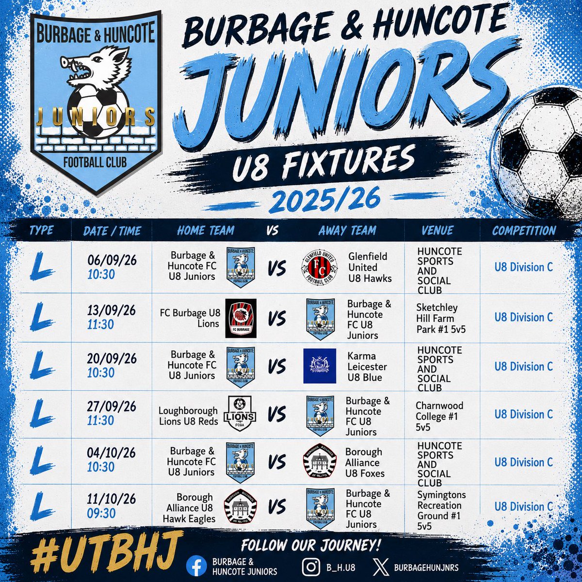 BurbageHunJnrs's tweet photo. 🚨 FIXTURES RELEASED! 🚨

The wait is over… our U8 Division C league fixtures are in! ⚽️🩵

We’re ready to get going. Tough challenges, new opponents &amp; plenty of opportunities for the lads to learn, develop &amp; enjoy their football.

The league journey starts here 👊🏻

#UTBHJ 🩵⚽️ https://t.co/lYjEi3wCUM