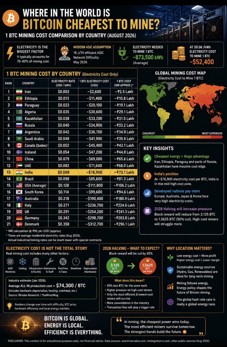 Psnetwork4all's tweet photo. 🌍 WHERE IS BITCOIN CHEAPEST TO MINE? ⛏️🟠

Most people look at Bitcoin’s price.

Few look at the cost of producing it.

Bitcoin mining is essentially an energy business powered by specialized ASIC machines.

And geography matters.

Using an illustrative modern-ASIC model, the electricity needed to mine 1 BTC is roughly ~873,500 kWh under the stated assumptions.

That creates a huge difference between countries:

🇮🇷 Iran → ~$2.6K
🇪🇹 Ethiopia → ~$11.4K
🇵🇾 Paraguay → ~$20.1K
🇰🇿 Kazakhstan → ~$33.2K
🇷🇺 Russia → ~$34.9K
🇨🇦 Canada → ~$45.4K
🇨🇳 China → ~$69K
🇮🇳 India → ~$76.9K
🇺🇸 USA → ~$111.8K
🇦🇺 Australia → ~$190K
🇩🇪 Germany → ~$299K

⚠️ Important: These are illustrative electricity-only estimates, not guaranteed all-in mining costs. Real mining economics also include:

• ASIC hardware & depreciation
• Cooling
• Infrastructure
• Hosting
• Maintenance
• Pool fees
• Taxes
• Downtime
• Financing costs

Why does this matter?

Because Bitcoin mining is becoming a race for cheap + reliable + efficient energy.

And then comes the next big event:

🟠 2028 Bitcoin Halving

Block subsidy:

3.125 BTC → 1.5625 BTC

That is another 50% reduction in newly created BTC per block.

So miners will need to become:

⚡ More energy efficient
🏭 More operationally efficient
💰 Better at managing costs
🌍 More strategic about location

The future may not simply belong to the miners with the most machines.

It may belong to the miners with the cheapest reliable energy + most efficient hardware + strongest balance sheets.

And that’s the bigger Bitcoin story:

Bitcoin is global.
Energy is local.
Efficiency is everything.

🧠 Don’t just watch the BTC price.

Understand the economics behind the network.

#Bitcoin #BTC #BitcoinMining #Crypto #Blockchain #Web3