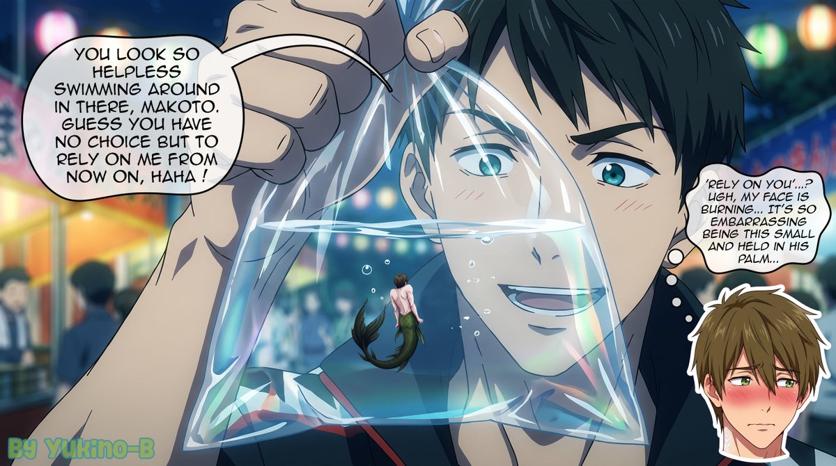 Yukino__B's tweet photo. 🧜‍♂️🌊 Shrunk to a tiny merman, Makoto is won at a booth by Sosuke. Trapped in a plastic bag held by massive fingers, the frail captive feels deeply ashamed, trembling helplessly under his intimidating, titanic rescuer's gaze...

#AIart #sizetwitter #giantman #macrophile #Free https://t.co/CozRin3hYj