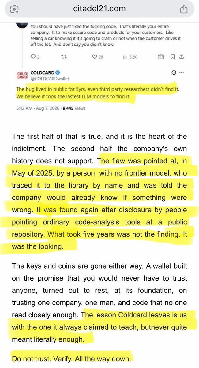 bryanx_james's tweet photo. Coldcard says the bug remained public for five years without being discovered, even by third-party researchers, and suggests that newer LLMs may have been needed to uncover it.

But the public record tells a different story: someone flagged the issue in May 2025, traced it to the specific library without using a frontier AI model, and was told the company would already know if there were a problem.

After disclosure, others found it using ordinary code-analysis tools on a public repository.

The real five-year problem wasn’t finding the flaw; it was looking for it