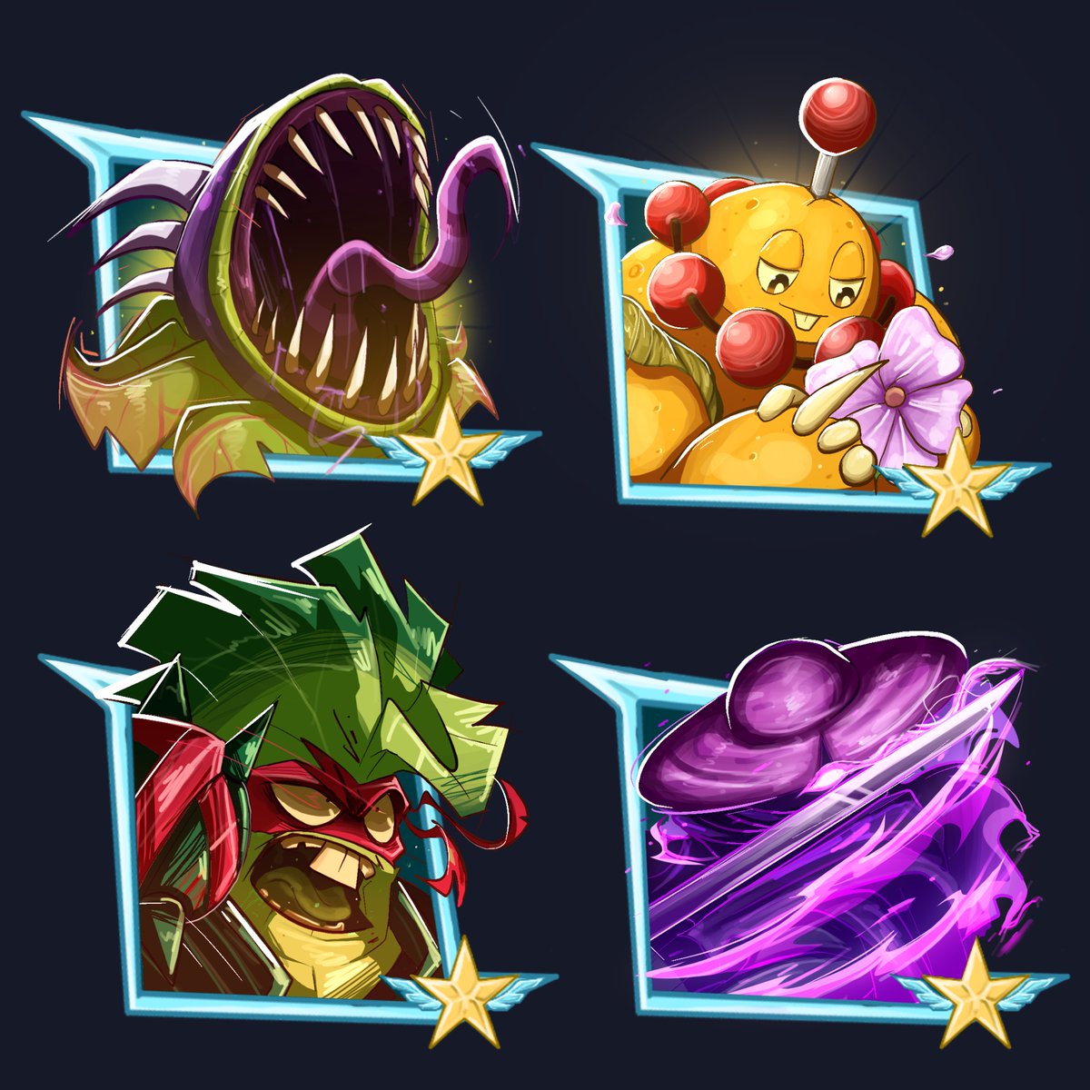Expired_Chorizo's tweet photo. PvZ GW3 Heroes: Grand Master icons (Plants)

The idea is that they are special character UI icons that are only unlocked after promoting a character to Grand Master 5 (Max rank). Similar idea to Lord Icons from MR https://t.co/N4Yo7g4fcl
