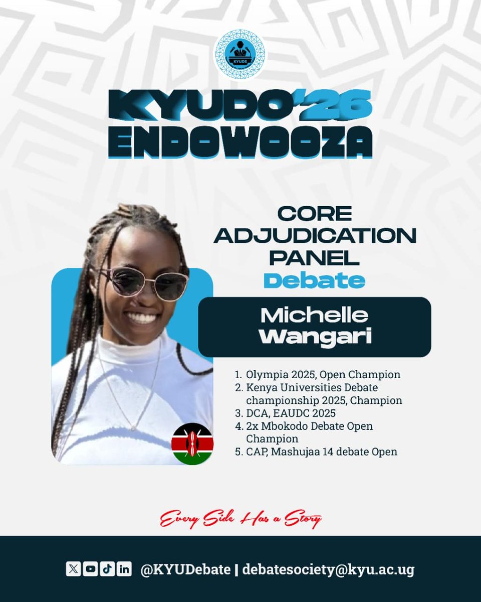 KYUDebate's tweet photo. 🎙️ CAP reveal!

Welcoming Michelle Wangari 🇰🇪 to the KYUDO'26 Core Adjudication Panel.

Champion. DCA at EAUDC 2025. A record that speaks for itself.

#KYUDS26 #KYUDO26 #CAPReveal #Endowooza https://t.co/iyJPqlBXAa