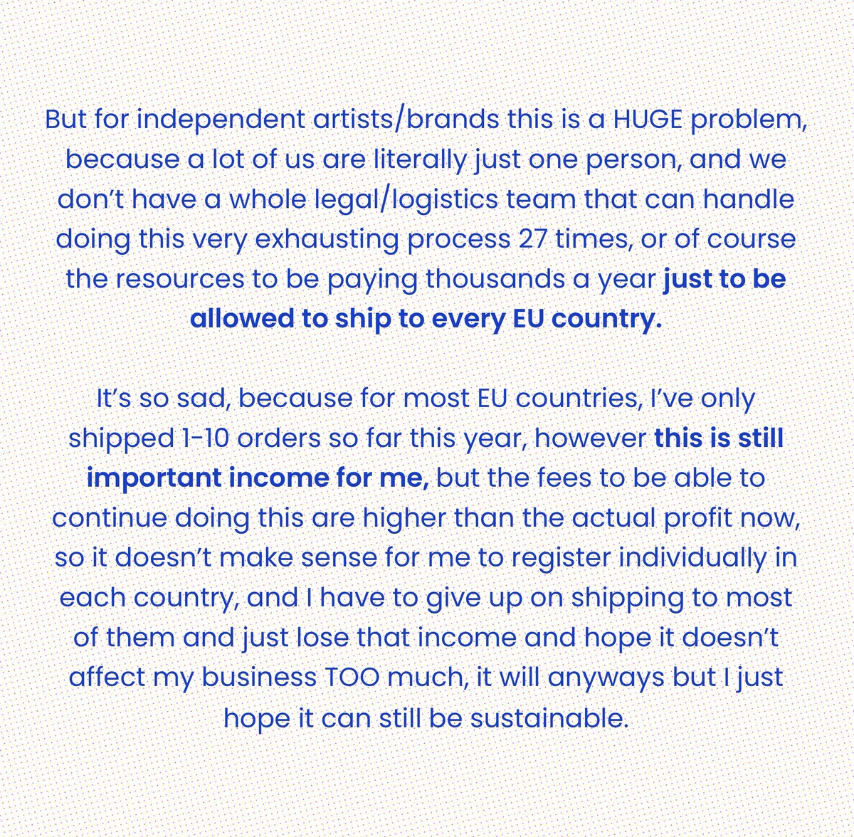so_lazo's tweet photo. yes I am also another one of the independent creators/small businesses that now have to stop shipping to EU countries due to new laws that aren’t fair and don’t have a proper way of being implemented!! https://t.co/6n3dmwAeNi