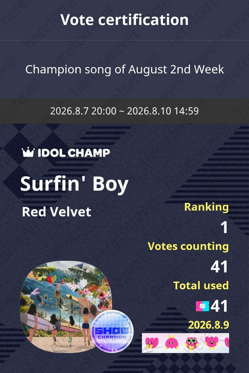 hereforrevel's tweet photo. IDOLCHAMP 아이돌챔프
Surfin' Boy Red Velvet ���표 완료🗳️
https://t.co/6i6kkN94nh

#레드벨벳 #RedVelvet https://t.co/8eopvvZldY