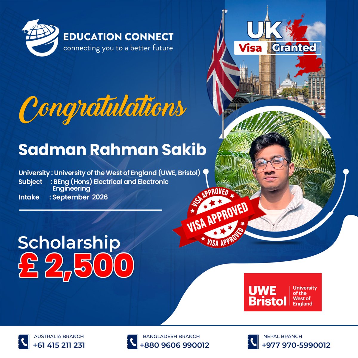 educonnectbd's tweet photo. From BAF Shaheen College Dhaka to UWE Bristol — UK Student Visa Granted!

🎉 Congratulations to Sadman Rahman Sakib on receiving his UK Student Visa for the University of the West of England (UWE Bristol)!

Planning to study in UK? Dial: +880 9606-990012, +880 1988-363696 https://t.co/GxFfIt4zE3