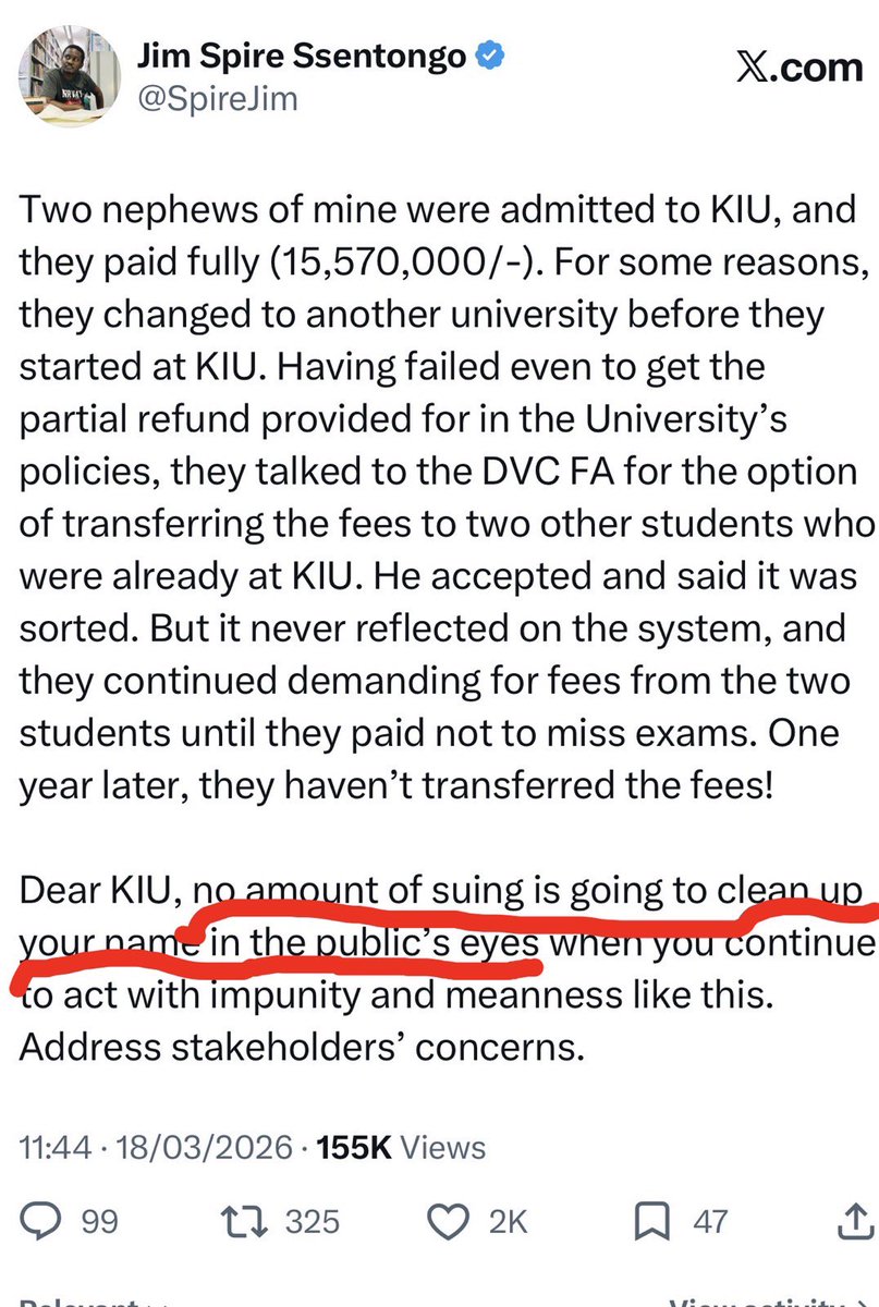 AAgather's tweet photo. As a way of context and summary of the issue at hand: 

Last year, countless people who have been associated with Kampala International University sent issues they have faced at the University to @SpireJim to help amplify them. Spire did and KIU responded with a defamation suit. High Court Registrar Kintu Simon Zirintusa granted a temporary injunction barring Spire from publishing any UNSUBSTANTIATED info about KIU. This was before Spire even knew about the suit and the injunction was appealed immediately but the appeal has never been heard. 
At the beginning of this year, Spire shared the plight of his nephews who had paid school fees at KIU but later didn’t go to the University. KIU refused to refund despite their refund policies or to transfer the fees to another student. When Spire shared this info, which is SUBSTANTIATED, KIU ran back to court and said Spire was in contempt of a court decision that barred him from sharing info about it. 

The same registrar found Spire in contempt and ordered him to pay a fine of 10M, damages to KIU of 20M and costs of the application (not yet determined) or be committed to civil prison. This ruling was appealed and a stay of execution sought. The stay of Execution was denied on Thursday August 6th hence this drive to raise the money. 

PS: A PO was raised about jurisdiction but the Registrar insisted he has Jurisdiction.