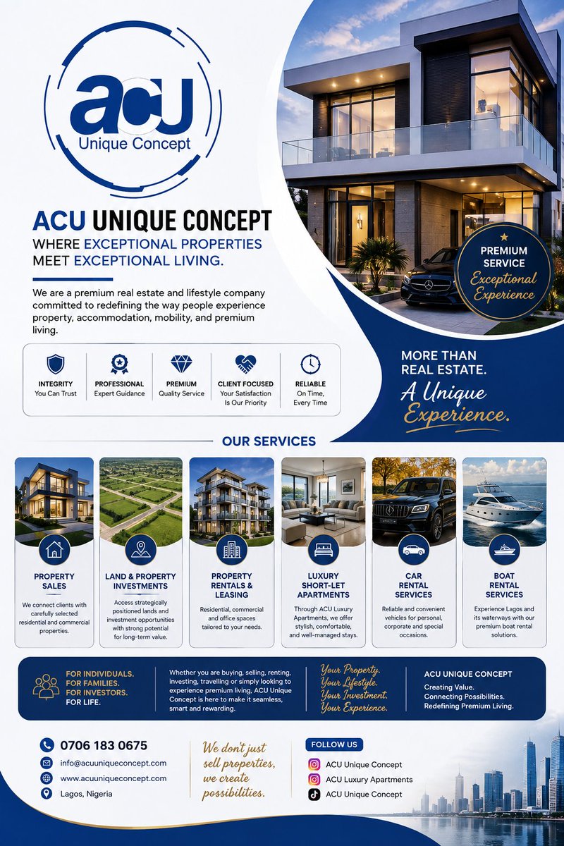 oroalecash's tweet photo. ACU UNIQUE CONCEPT
Where Exceptional Properties Meet Exceptional Living.
ACU Unique Concept is a premium real estate and lifestyle company committed to redefining the way people experience property, accommodation, mobility, and premium living. https://t.co/1eOGi7HBwF