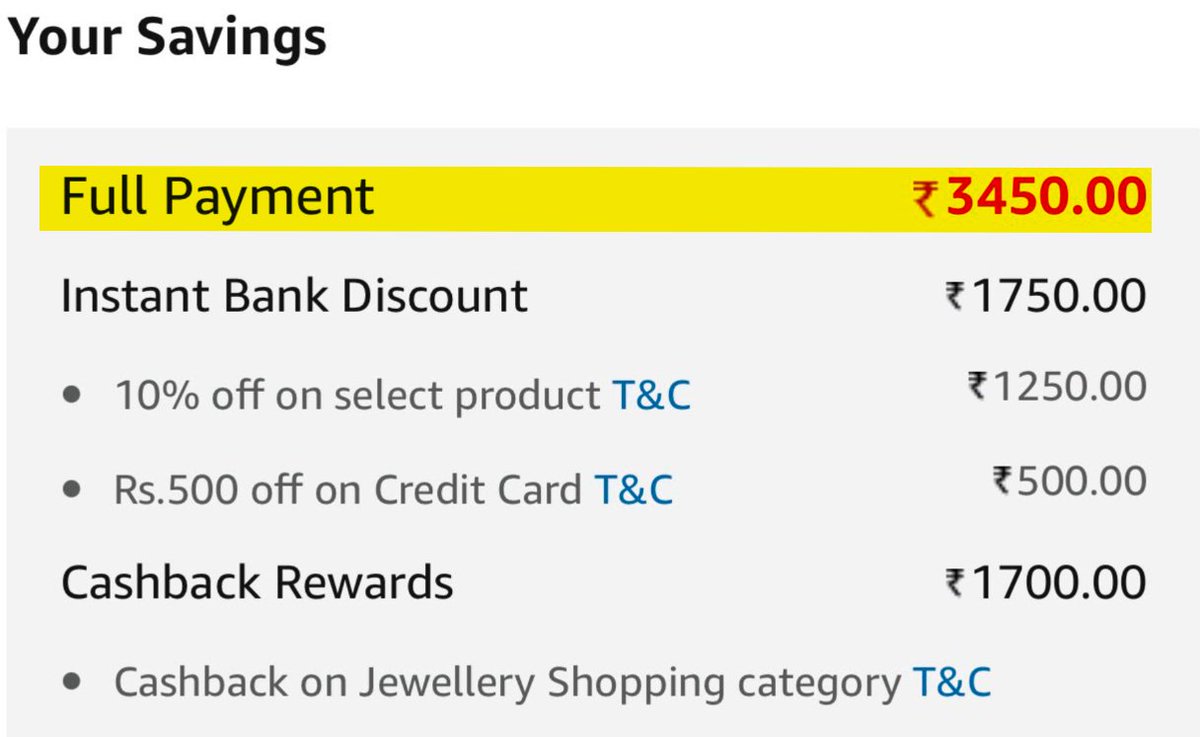 YourCardJourney's tweet photo. Bought 995K gold at 13,740/g & effectively ₹25K savings.

Amazon had the 995K gold deal at ₹33,160.

Get yours. https://t.co/OL6mNxjKlw

Next, the Amazon Pay account-specific cashback added another ₹1,700.

Then I applied the HDFC card offer and got ₹1,750 OFF.

Finally, the effective price came down to ₹29,710.

Savings: ₹3,450 Instant + 5% HDFC Diners Black Rewards + 2.5% Adds up

₹3,450 + ₹2,228 = ₹5678

Final price: ₹32,999 - ₹5678 -> ₹27,482

Make sure the cashback is actually showing while ordering.

Repeated this loop 5 times using add-on cards.

That's effectively ₹25K savings.

The only difference is stacking the available offers.

It worked for me. Might work for you too.

⚠️ Affiliate link - I may earn a small commission if you purchase through the link, at no extra cost to you.