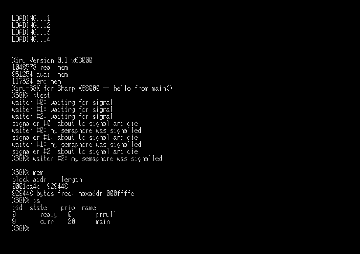 osaanmed's tweet photo. Xinuの最小構成をX68000に移植しました。Xinu is not UNIX。CP/M68K風のファイルシステム上に構築しています。CP/M68Kの移植ノウハウが非常に役立ちました。外部バイナリが現状は動かないので、機能を追加するときは、カーネルから全てコンパルする必要があります。 https://t.co/Q6fECpQ2Hq
