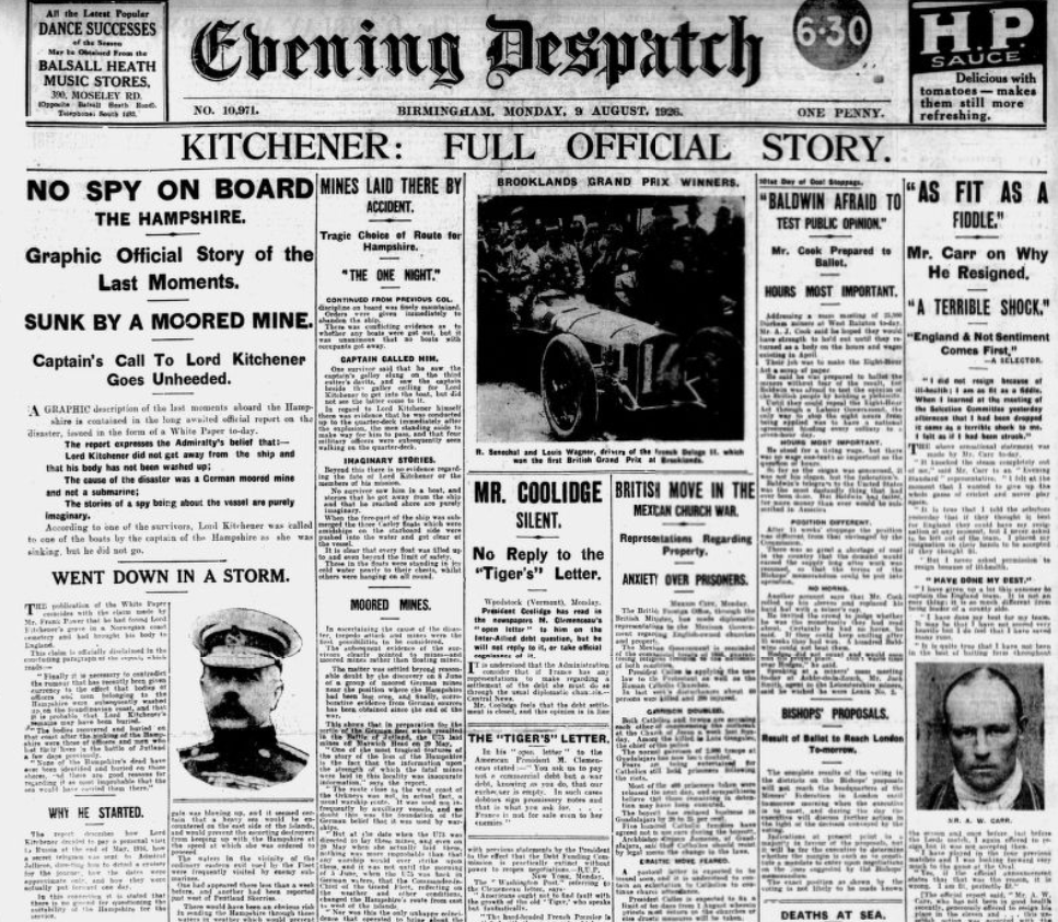 BNArchive's tweet photo. 'Kitchener: Full Official Story - No Spy On Board The Hampshire - Graphic Official Story of the Last Moments - Sunk by a Moored Mine,' Evening Despatch, 9 August 1926 https://t.co/6lCl5Dp9kK #OTD #1926Newspapers https://t.co/fXUlGn6qEm