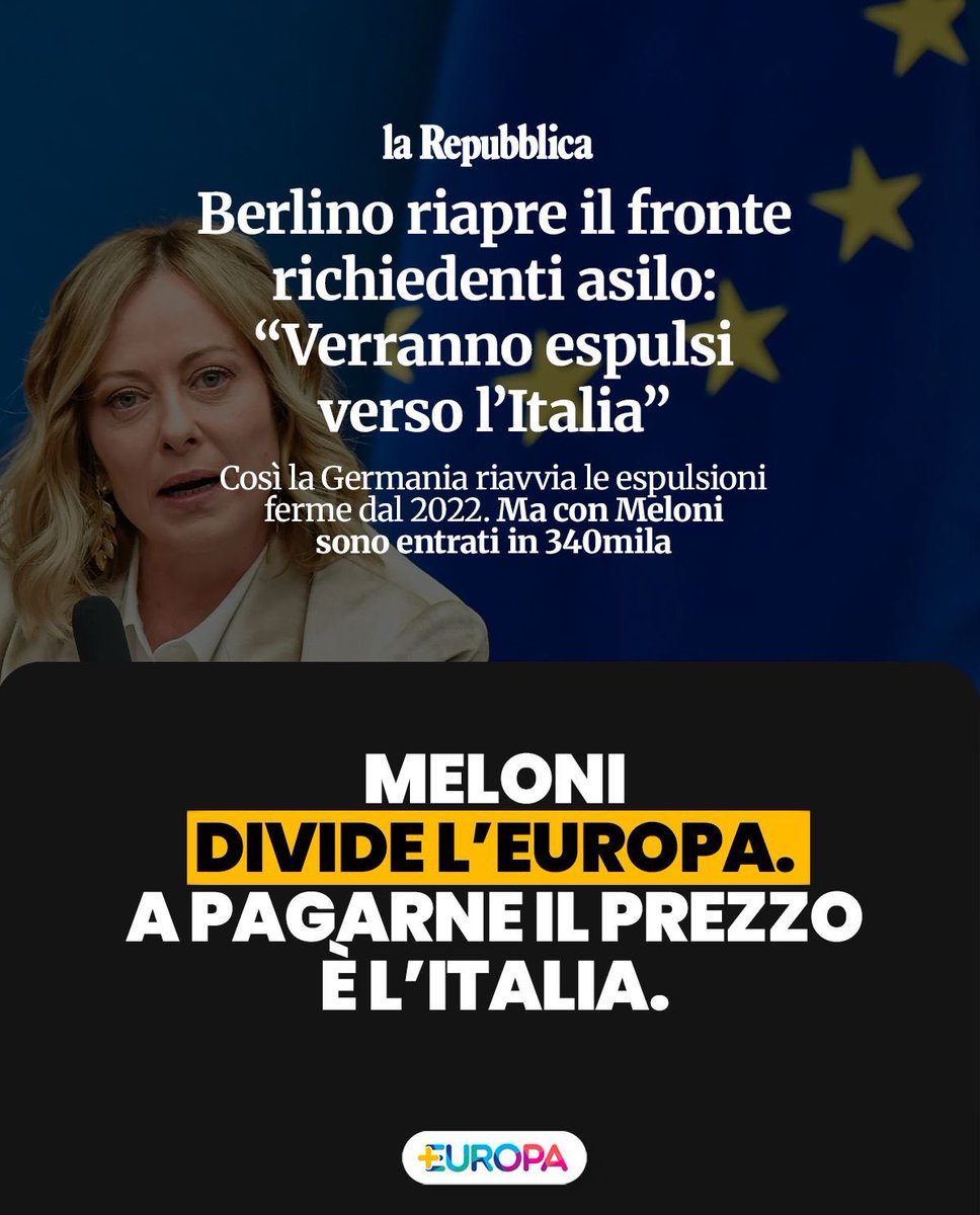 riccardomagi's tweet photo. Chi la fa, l’aspetti…

L’Italia chiude alla Spagna, la Spagna chiude all’Italia e ora anche la Germania vuole far rispettare il Trattato di Dublino e rimandare indietro tutte le persone che, arrivate sul suolo tedesco, hanno avuto l’Italia come primo Paese di approdo.

Meloni ha trasformato una crisi europea in uno scontro tra Paesi europei, in una gara a chi è più sovranista. E a pagarne il prezzo è proprio l’Italia, il Paese più esposto nel Mediterraneo.

Capito che capolavoro?

Serve esattamente il contrario: riaprire Schengen e superare Dublino, con più solidarietà e più responsabilità obbligatoriamente condivise.

Serve più Europa e meno Meloni.