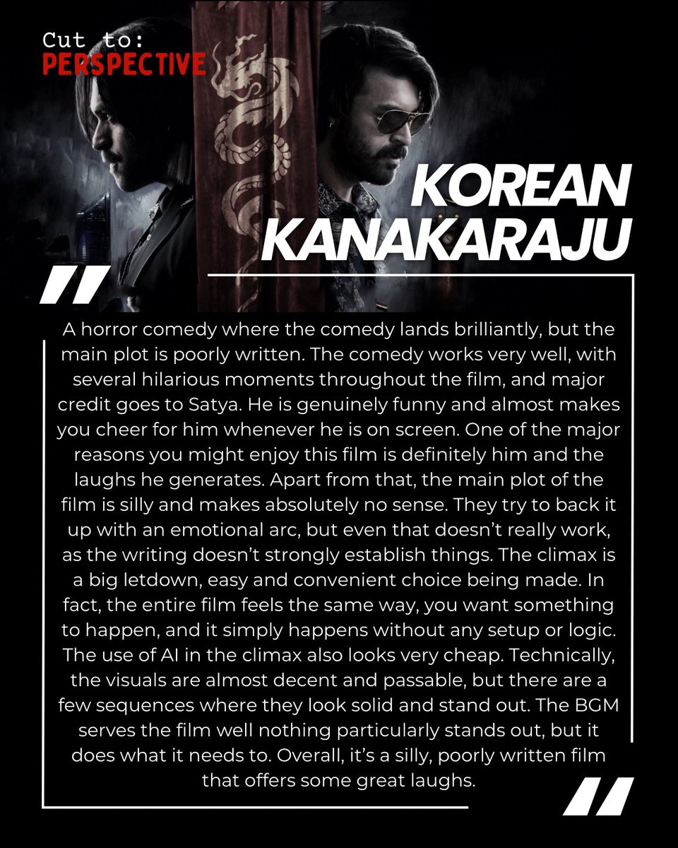 CutToPerspectiv's tweet photo. A horror comedy where the comedy lands brilliantly, but the main plot is poorly written,silly and makes no sense. The comedy works well, with several hilarious moments throughout the film, credit goes to Satya.
#KoreanKanakaraju 
#VarunTej #Satya
@UV_Creations @IAmVarunTej https://t.co/OYYc1u23aD