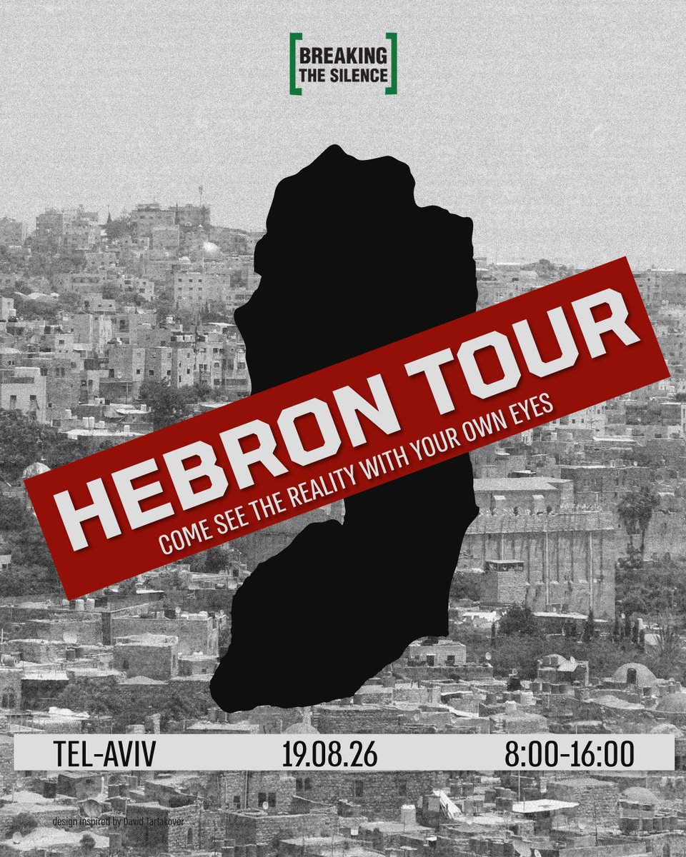 BtSIsrael's tweet photo. Come and see occupied Hebron with your own eyes. Join us on our tour, August 19.

Hebron is the second-largest Palestinian city in the West Bank, with settlements built both around the city and within its centre.

On our tours, we bring Israelis and internationals to Hebron to see the occupation firsthand and meet Palestinian activists resisting the occupation. Hebron is both typical and unique. It is typical because, like elsewhere in the West Bank, the lives of more than 235,000 Palestinians are shaped by a repressive military system that deprives them of basic rights. It is unique because nowhere else is that system so concentrated and visible.

As former IDF soldiers, we carried out the occupation ourselves. Drawing on our own experiences, we explain how this system works, what it looks like in everyday life, and why we believe it is deeply immoral and makes no one living between the river and the sea safer.

Most Israelis and internationals have never visited Hebron. Seeing these places with your own eyes offers a perspective that is difficult to gain from news reports or social media alone.

Registration:
https://t.co/sjK1xEKung
