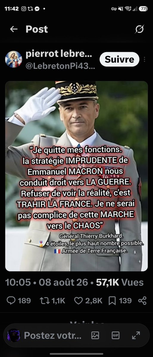 carel_naim's tweet photo. 🚨 FAUX JUSQU’AUX ÉTOILES.

Ce montage du 8 août 2026 recycle comme une actualité un départ survenu… en septembre 2025.

❌ Thierry Burkhard n’a jamais prononcé cette tirade.
❌ Il n’a jamais démissionné contre Emmanuel Macron.
❌ Il n’était pas « général quatre étoiles » : général d’armée, il en portait cinq.
❌ Il dirigeait l’ensemble des armées, pas seulement l’armée de Terre.

Après quarante ans de service, il a simplement quitté l’armée lors d’une relève officielle, puis reçu la grand-croix de la Légion d’honneur des mains du président.

Citation inventée, date recyclée, contexte falsifié, grade erroné : 57 000 vues pour un faux en uniforme destiné à nourrir la propagande prorusse.

Un mensonge avec un képi reste un mensonge.