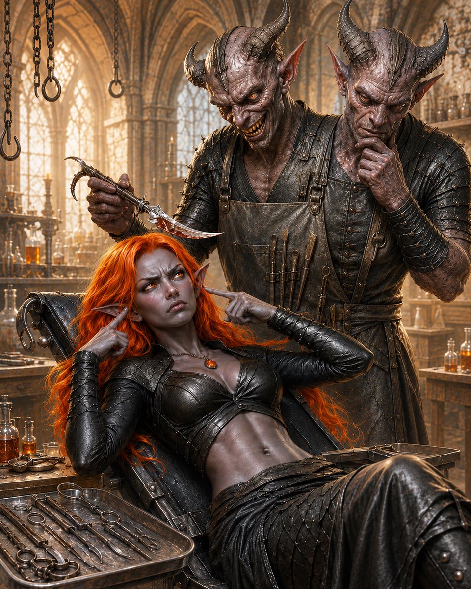 MollyMooArt's tweet photo. ‘I want these gone.’

‘…don’t you need them? To…y’know…hear?’

‘No, no, just the pointy bits please.’

Fiendish surgeon helping with the updated look for Bespira. https://t.co/ULoRrIKTvv