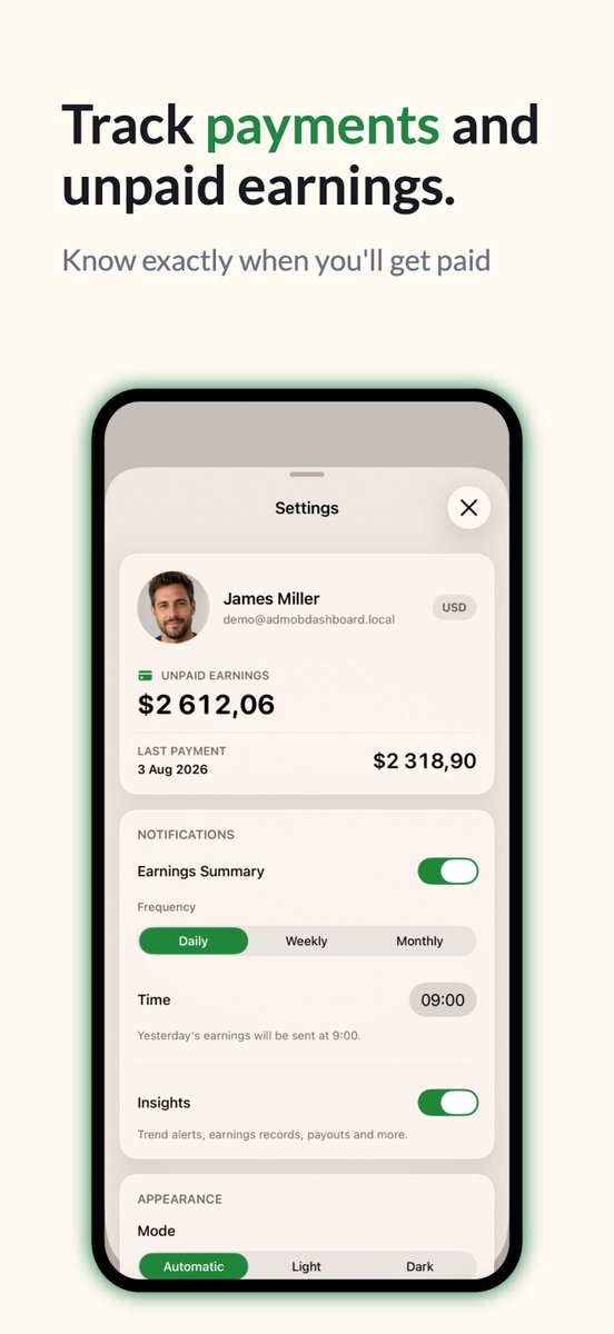 thomassfrankk's tweet photo. Never miss a payout. 💰
Earnings shows you exactly what's unpaid and when you were last paid — no digging through the AdMob console.
#AdMob #iOSApp #IndieDev #AppleWatch https://t.co/J22t3qPwLM
