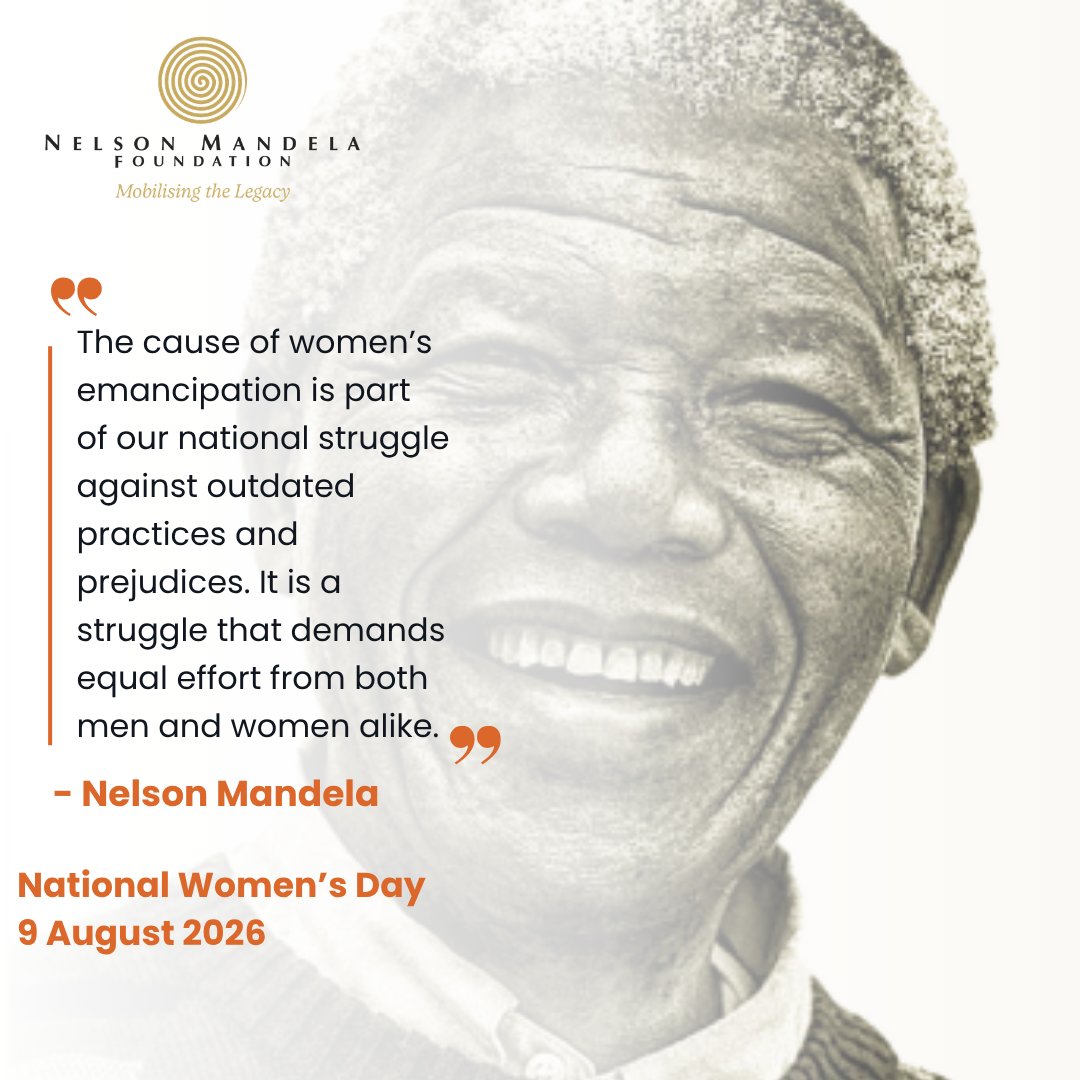 NelsonMandela's tweet photo. "The cause of women's emancipation is part of our national struggle against outdated practices and prejudices. It is a struggle that demands equal effort from both men and women alike." – Nelson Mandela

On 9 August 1956, more than 20,000 women from across South Africa marched to the Union Buildings in Pretoria to protest the extension of pass laws to women. Their courage, unity and determination became a defining moment in our country's struggle for freedom and laid the foundation for National Women's Day.

Madiba recognised that the struggle for women's emancipation was inseparable from the broader struggle for justice and equality. His words remind us that dismantling discrimination and prejudice is a shared responsibility that calls on women and men to build a society where every person can live with dignity, freedom and equal opportunity.

Happy National Women's Day.

#WomensDay #NelsonMandelaFoundation #MobalisingTheLegacy