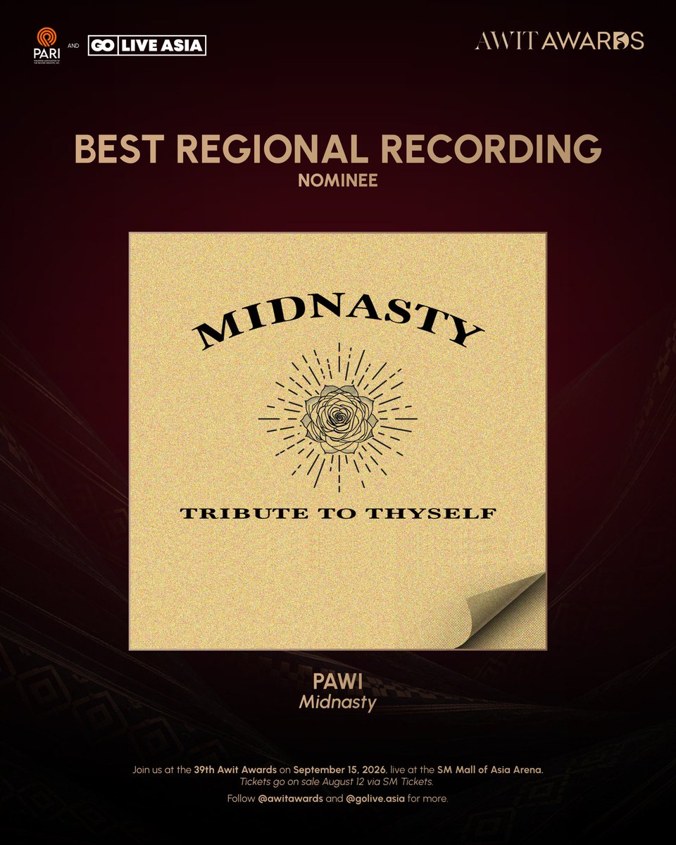 AwitAwards's tweet photo. Witness history unfold at the #39thAwitAwards, presented by PARI and Go Live Asia, on September 15, 2026, at the SM Mall of Asia Arena.

Tickets go on sale August 12 via SM Tickets.

#AwitAwards #OPM https://t.co/s3sDfFVPWQ