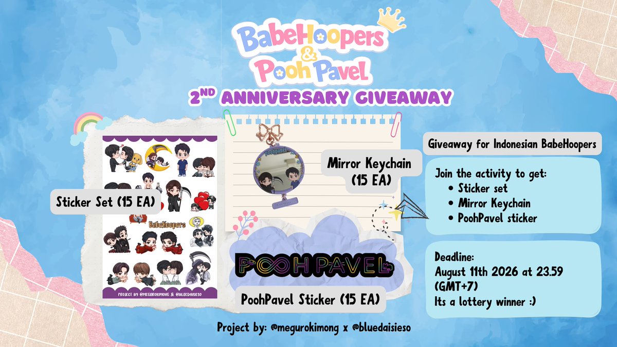 megurokimong's tweet photo. BABEHOOPERS 2ND ANNIV GIVEAWAY TIME! 

Buat rayain 2nd Anniversary BabeHoopers & PoohPavel, aku & @bluedaisieso mau bagi2 sticker art dan mirror keychain buat kalian :) 

Caranya gampang, cukup RT & Quotes postingan ini pakai foto #poohpavel fav kalian, tulis caption terindah, dan sertakan keyword & hashtag di bawah ini: 

BABEHOOPERS 2ND ANNIVERSARY 
#.2YBabeHooPersxPoohPavel
(jangan gunakan hashtag sebelum trending dimulai yaa 😉)

Pemenangnya bakalan dapet sticker set, poohpavel sticker dan mirror keychain tema Sipsi & dr. Won

📅 Periode: 10 Agustus (08.00 WIB) s.d 11 Agustus 2026, 23.59 WIB
🎟️ Pemenang akan dipilih secara acak

Good luck!

*interfans can join too! We will discuss the best way to bring the freebies for you later 😉

#ppoohkt #pavelphoom #BabeHooPers