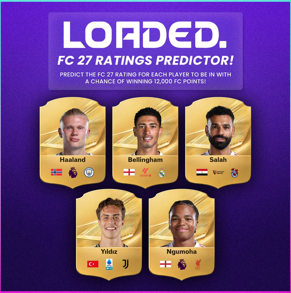 FUTBIN's tweet photo. ✅ Predict the FC 27 Ratings and win FC Points!

🇳🇴 Haaland 
🏴󠁧󠁢󠁥󠁮󠁧󠁿 Bellingham
🇪🇬 Salah
🇹🇷 Yildiz
🏴󠁧󠁢󠁥󠁮󠁧󠁿 Ngumoha

Loaded will provide one lucky winner with 12,00 FC Points when Ratings are confirmed! 🫡 https://t.co/AjpNV0XrL7