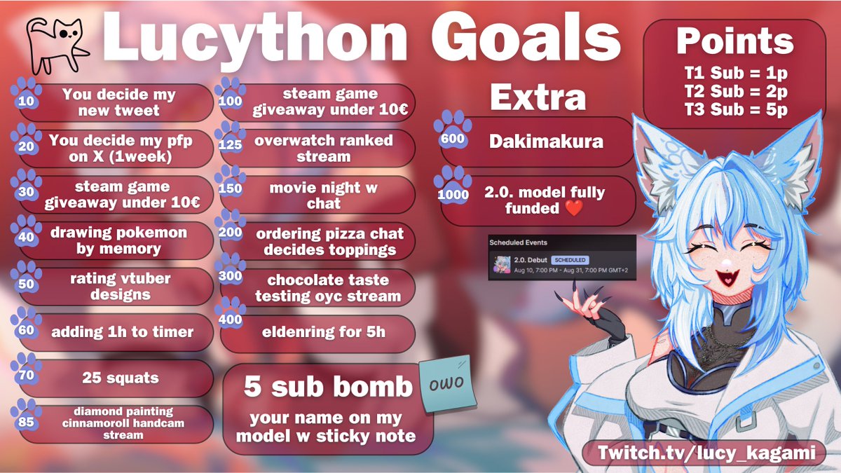 lucy_kagami's tweet photo. Ｌｕｃｙｔｈｏｎ Ｇｏａｌｓ

ৎ୭ 1 day until my debut ৎ୭  

I am so nervous!! So much work went into this debut, so much time, so much of everything!   

The last two days I worked my ass off setting everything up and prepared a Lucython Goal Sheet, some New Merch which you can get by gifting subs and achieving goals. 

10sub bomb = 1x postcard of your choice
25 sub bomb = 1x A4 print + 1x postcard of your choice
50 sub bomb = 2x A4 print + 1x postcard of your choice

You can also get a special sub badge for subbing and gifting 1sub from 10.08. at 7p.m. CEST until 31.08.!!  

If you gift 5subs I'll stick your Name on my model

AND MUCH MORE!
Check out all the goals in the picture! I tried to come up with goals everyone will enjoy!

See you in chat my dear Kagami's ღ

#debut #vtuber #vtuberdebut #envtuber #vtuberEN #live #subathon #megathon #lucython #nekomata