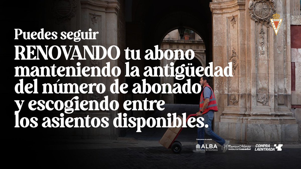 realmurciacfsad's tweet photo. 🔁 Hoy domingo puedes seguir 𝐑𝐄𝐍𝐎𝐕𝐀𝐍𝐃𝐎 tu abono manteniendo la antigüedad del número de abonado y escogiendo entre los asientos disponibles.

❤️ Aún estás a tiempo de seguir formando parte del murcianismo con todas las ventajas de tu condición de abonado.

💻 https://t.co/w8NZzGy49A
#NoEsElDestinoEsElCamino