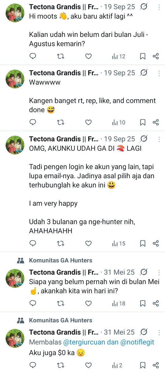 me_here04's tweet photo. Akun hunter gw ๐ฅฒ
Udah ga bisa dipake lagi, kena suspend. Sempat sembuh, tapi ga lama kena lagi. Gw baru ngerasain win sekali doang ๐.
Akunnya mau gw hapus hari ini biar emailnya bisa dipake untuk bikin akun. Jujur agak sedih, soalnya ini akun Twitter pertama gw (tahun 2021). https://t.co/B47RiSNblr