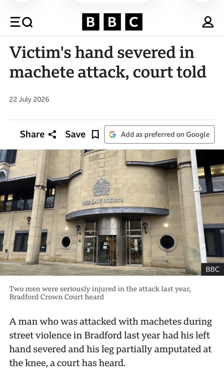 HarryLines7's tweet photo. 🚨 Bradford.🚨

Man’s hand chopped clean off with a machete.

Leg half-amputated.

Left for dead in the street.
CCTV caught the whole thing.

This is Britain in 2026.
Not a war zone.
Not a failed state.
A British city.

While politicians keep telling us “diversity is our strength,” ordinary people are being carved up on the pavement.

The names of the suspects tell you everything the media is too scared to say.

How many more hands, legs and lives before they admit what’s happening?

Credit: @DonnaLouise1212