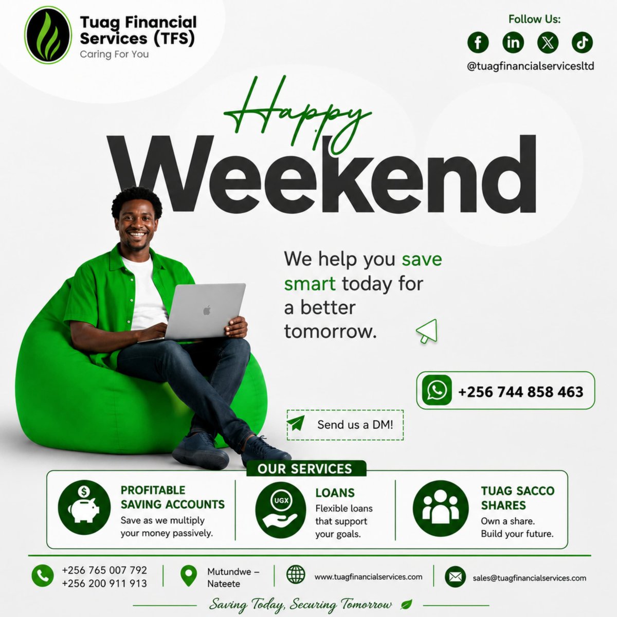 Tuagfinance's tweet photo. Happy Weekend! 💚

A better financial future starts with the small steps you take today.

Save smart, access flexible loans, and explore TUAG SACCO shares with TUAG Financial Services.

WhatsApp: https://t.co/rHh89H6zFe

#TUAGFinancialServices #Savings #FinancialFreedom #Uganda https://t.co/Leu0OLrF2u
