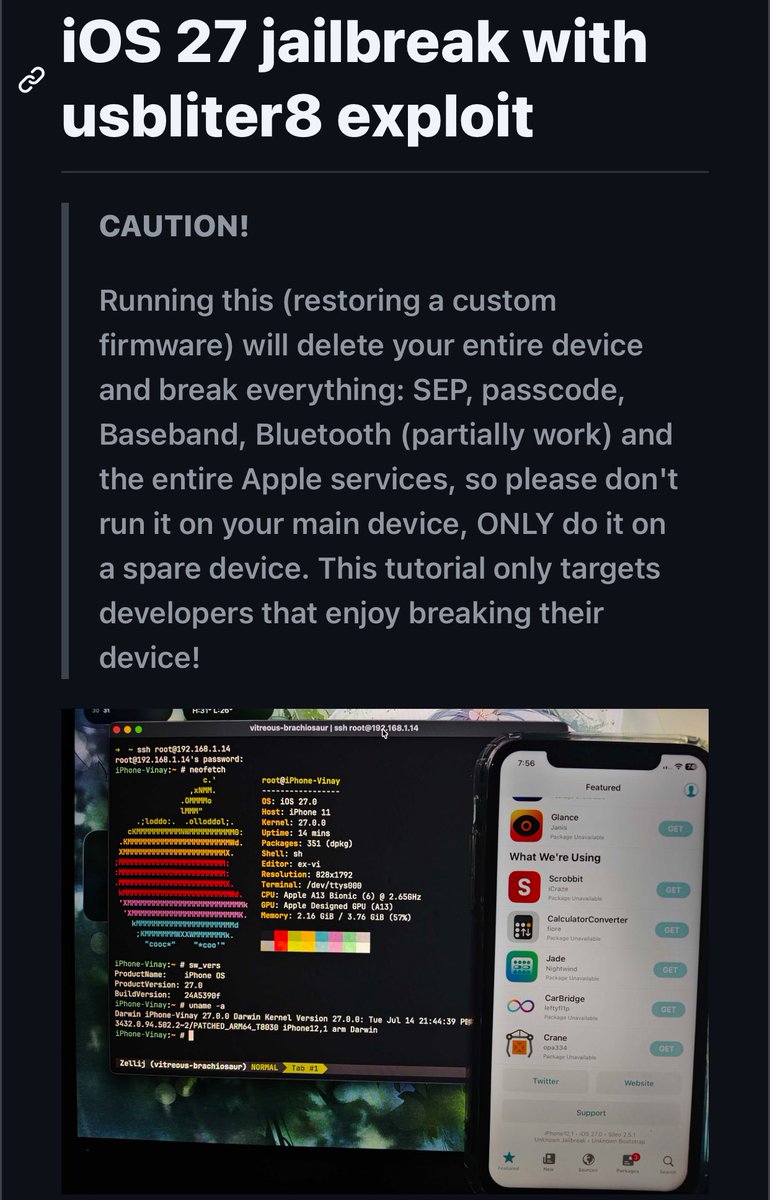 0x0SojalSec's tweet photo. iOS 27 beta 4 jailbroken on iPhone 11, Pro 🔥

WiFi, SSH &amp; Sileo already working.
Mac pairing, wallpapers, baseband &amp; passcode still broken but progress is real.

Huge work by the community.

- https://t.co/E5QGyHtUvT https://t.co/nHhvvzGisE