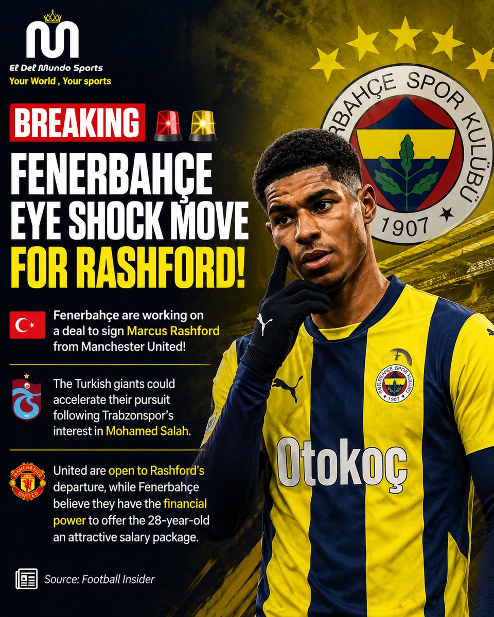 EdmundAfful93's tweet photo. 🚨🔴🟡 BREAKING: Fenerbahçe are working on a move to sign Marcus Rashford from Manchester United!

🇹🇷 The Turkish giants could accelerate their pursuit following Trabzonspor’s interest in Mohamed Salah.

🔴 United are open to Rashford’s departure, while Fenerbahçe believe they have the financial power to offer the 28-year-old an attractive salary package.

📰 Source: Football Insider