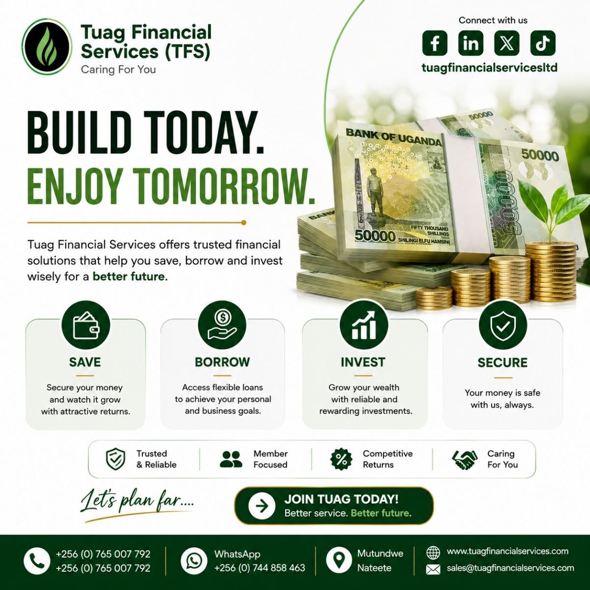Tuagfinance's tweet photo. Build today. Enjoy tomorrow. 🌱

Make today’s financial choices count. Save smarter, access flexible financing, and grow toward a stronger financial future with TUAG Financial Services.

WhatsApp: https://t.co/rHh89H6zFe

#TUAGFinancialServices #PersonalFinance #Savings #Uganda https://t.co/wcYBXAdjHv