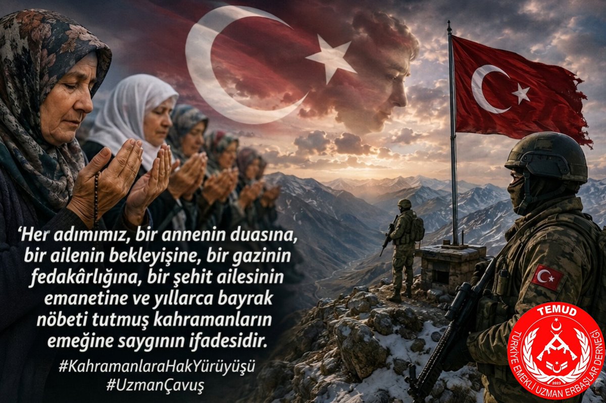 TEMUD_2024's tweet photo. Her adımımız, bir annenin duasına, bir ailenin bekleyişine, bir gazinin fedakârlığına, bir şehit ailesinin emanetine ve yıllarca bayrak nöbeti tutmuş kahramanların emeğine saygının ifadesidir.

Bugün Ankara'ya doğru yürürken geçmişimizi değil, geleceğimizi de taşıyoruz.

Devletimize güveniyor, milletimizin vicdanına inanıyoruz.

Çünkü biliyoruz ki adalet devleti yüceltir, vefa milleti güçlendirir, hakkaniyet ise güveni daim kılar.

Attığımız her adım Ankara'ya, her adım adalete; her adım yıllarca bu vatana hizmet etmiş kahramanların haklı beklentilerine doğrudur.

#KahramanlaraHakYürüyüşü
#UzmanÇavuş
@TEMUD_2024
@alitilkici38