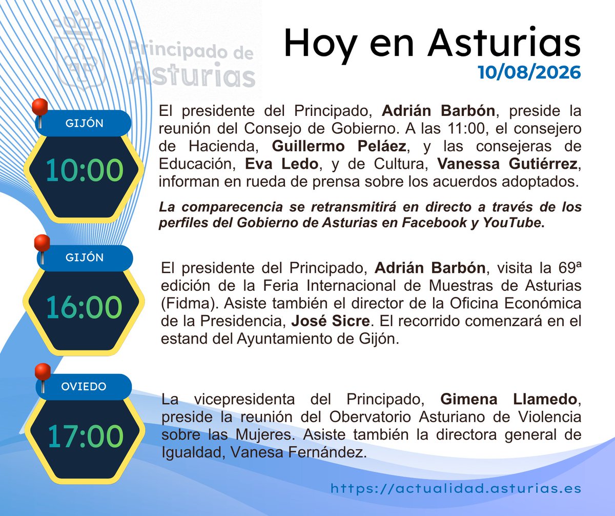 GobAsturias's tweet photo. 📅 Agenda del @GobAsturias para hoy: actividad institucional y reuniones relacionadas con igualdad, reto demográfico, vivienda, universidad, transporte público, pesca, deporte, cultura y política llingüística.
🔎 Agenda completa y actualizada en https://t.co/4d98kKKpuM. https://t.co/CwVysxuVKE