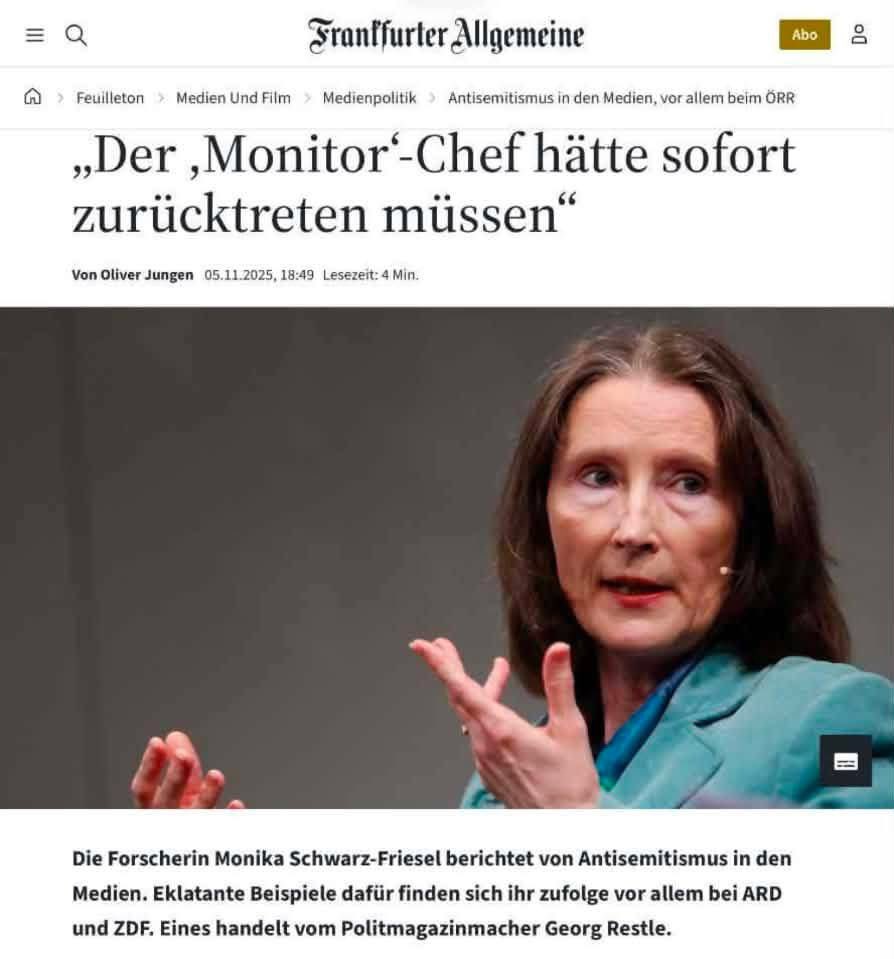 WolfMalca's tweet photo. #Restle

Friendly reminder, @WDR!

Die Forscherin Monika Schwarz-Friesel berichtet von #Antisemitismus in den Medien. 
Eklatante Beispiele dafür finden sich ihr zufolge vor allem bei #ARD und #ZDF. 
Eines handelt vom Politmagazinmacher @georgrestle .

https://t.co/8UNUJaLl8B https://t.co/KDqzb1f91J