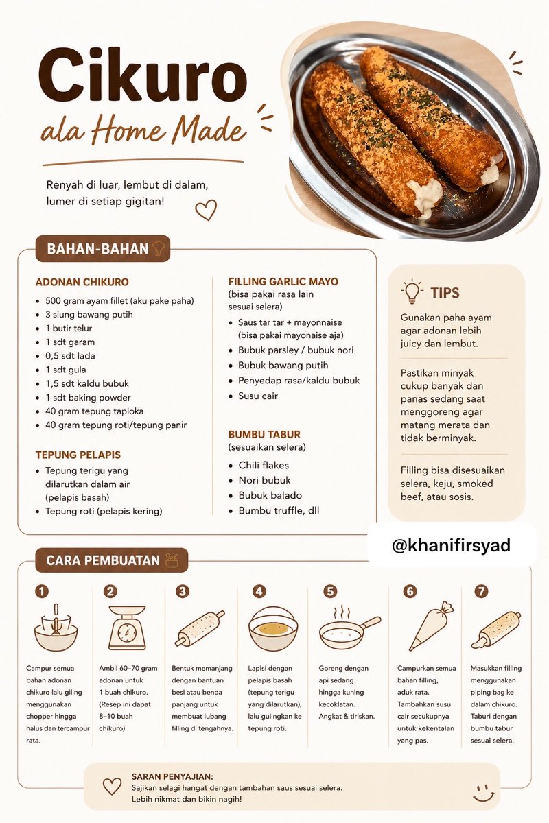 khanifirsyad's tweet photo. Yang mau makan chikuro tapi pengen tetep hemat, sini merapat! Modal di bawah 100k bisa dapet 10 porsi chikuro 😆🫶🏻

Karena kemarin banyak yg mau resepnya, akhirnya request ke nyonya buat bikinin. Caranya gampang dan bisa langsung bikin sekaligus lalu simpen di freezer aja guys. Monggo disave, siapa tau mau recook 🙌🏻