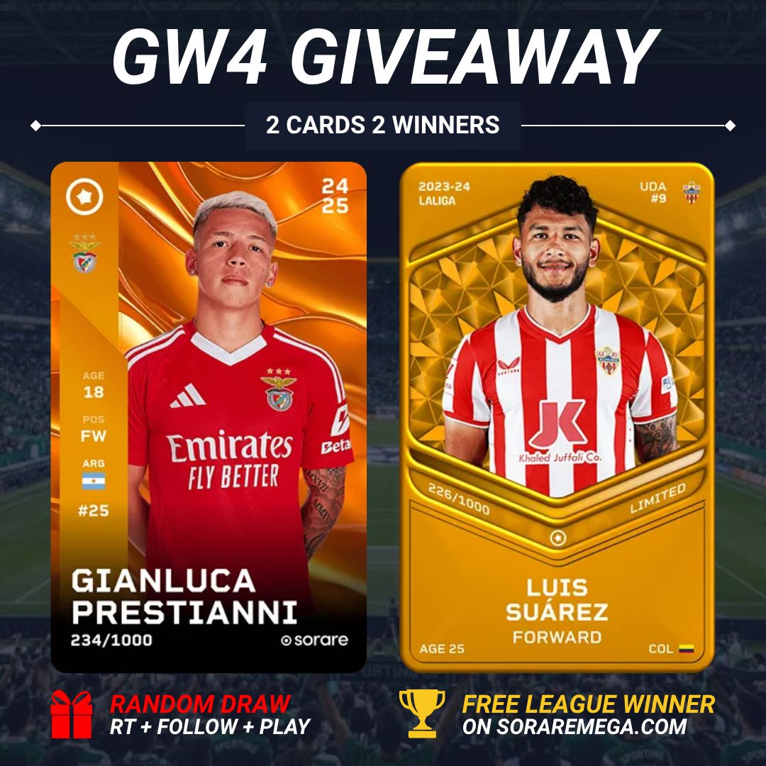 SorareMega's tweet photo. 🇵🇹 @ligaportugal SPECIAL GIVEAWAY! 🇵🇹

2 cards. 2 winners!

🏆 Luis Suárez → Free League winner

🎁 Gianluca Prestianni → Random draw

🔁 RT
✅ Follow
💬 Reply with your Sorare username
⚽ Submit a team on https://t.co/gzASKtiH97

🎲 Draw: Wednesday

#FantasyFootball #Sorare https://t.co/qevPOXgKnZ